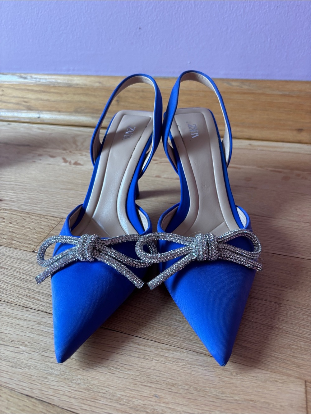 Zara Cobalt Blue Pointed Slingback Heels with Rhinestone Bow
